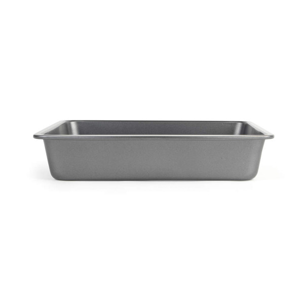 Non-stick grey rectangular baking tin, side view