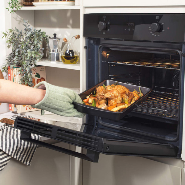 Large grey non-stick roasting tray with side handles, shown from above