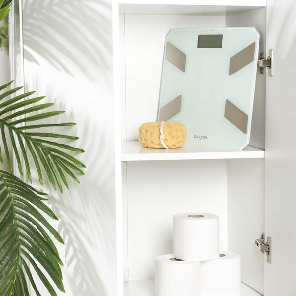 White digital bathroom scale with metal sensor pads and Salter branding