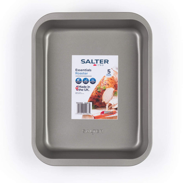 Grey metal Salter essentials roaster tray, shown flat, suitable for oven cooking.