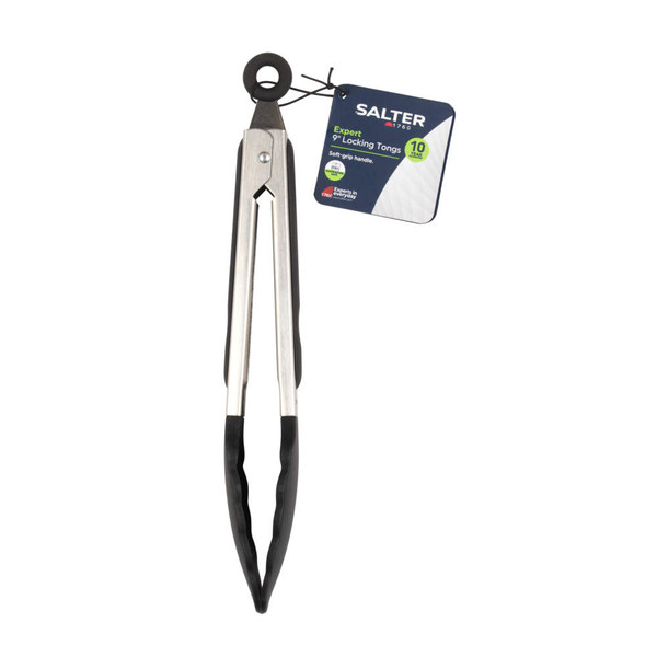 Salter 9-inch locking kitchen tongs, black soft-grip handle, shown in packaging