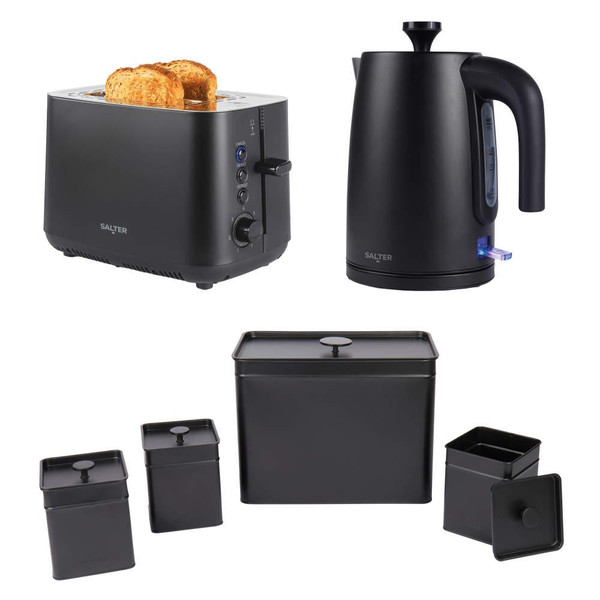 Kuro Kettle, 2-Slice Toaster & 4-Piece Countertop Canister Set -- Black 