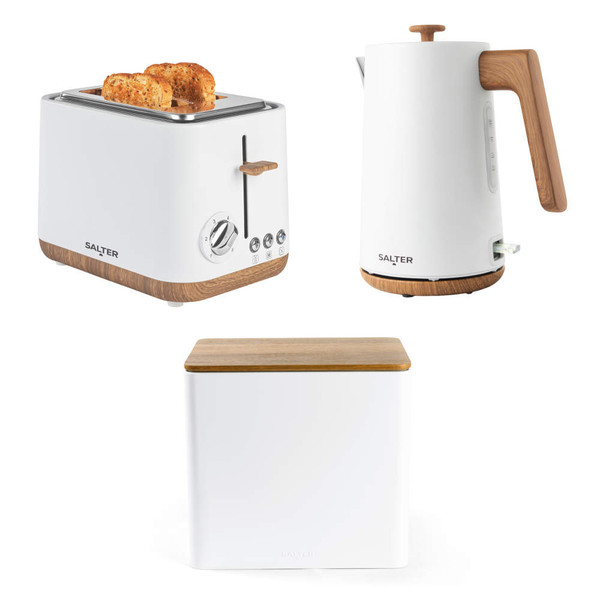 Salter white toaster, kettle and bread bin set with wood effect details