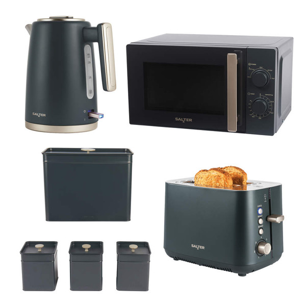 Set of dark grey Salter kitchen appliances: kettle, microwave, toaster with toast, and storage canisters.