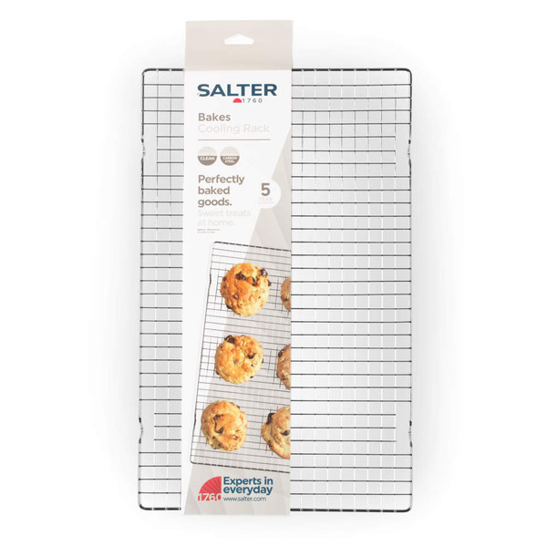 Silver cooling rack for baking, shown in packaging with cookies. Single item.