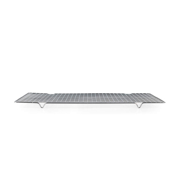 Silver metal cooling rack with raised legs, shown on white background.