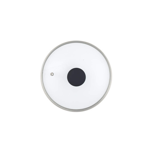 Beige non-stick frying pan with black handle shown from above