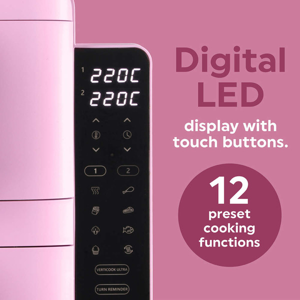 Side view of pink toaster oven with white handles