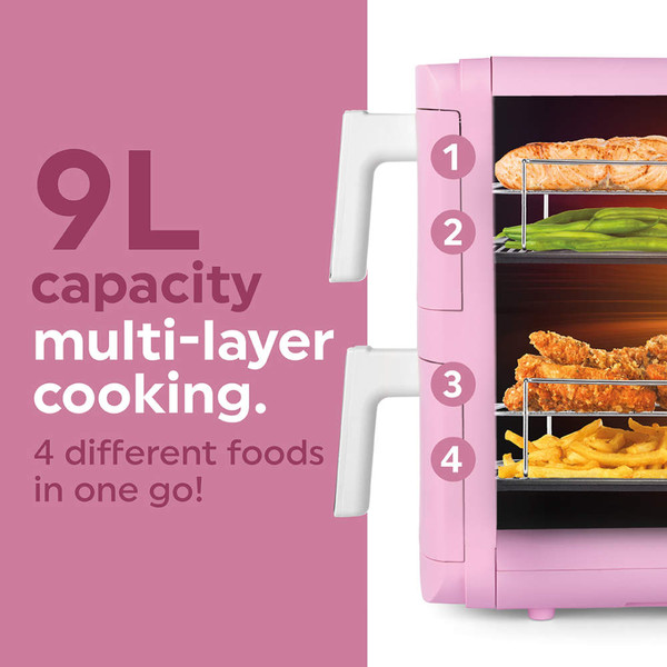 Pink Salter dual basket air fryer with digital touch screen, open drawer visible