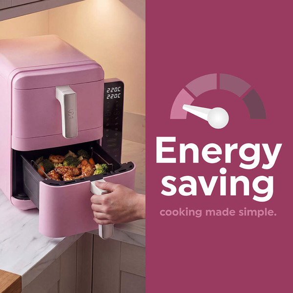 Pink dual-drawer air fryer with both drawers open, suitable for kitchen appliances listing