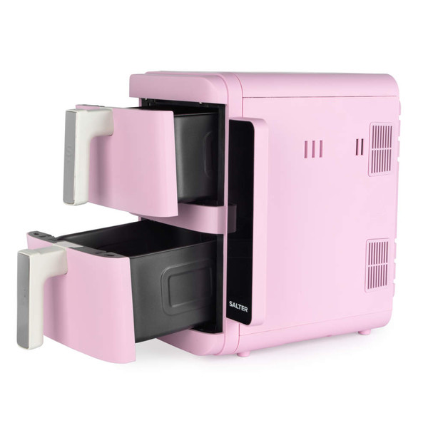Pink dual-drawer air fryer with both drawers open, suitable for kitchen appliances listing