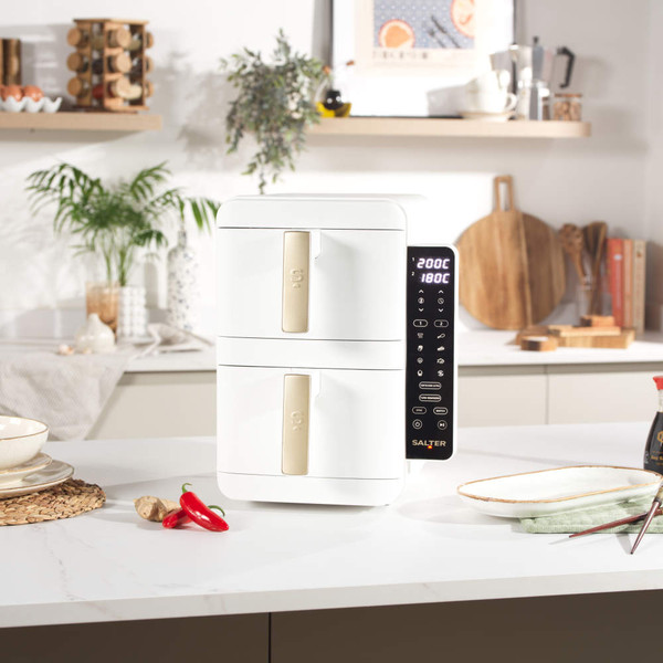 Salter VertiCook Ultra air fryer packaging showing white multi-layer cooker, three drawers