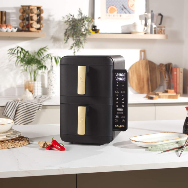 Salter Alchemy VertiCook Ultra air fryer packaging showing multi-layer cooking and space-saving design