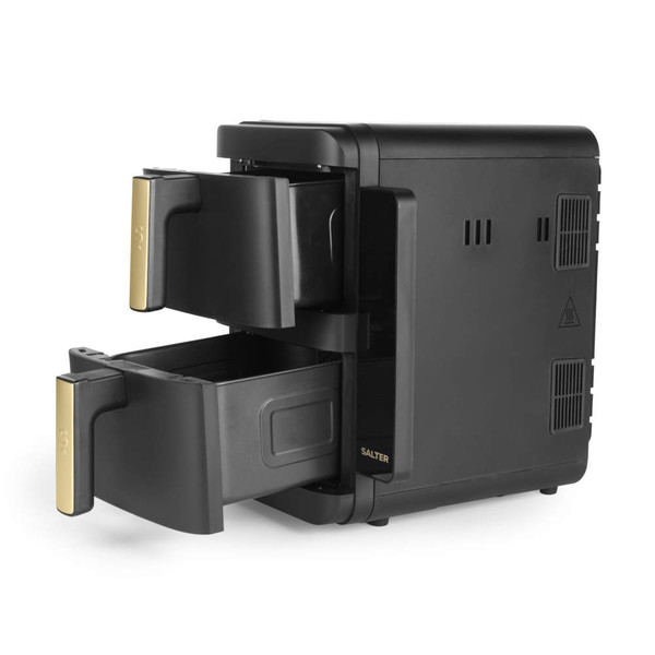 Black and gold dual air fryer with pull-out drawers, shown open, side view