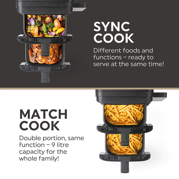 Black and gold dual basket air fryer with digital display, shown from above with open drawers