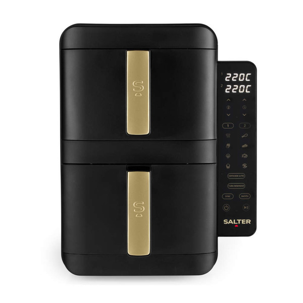 Hand removing black and gold air fryer drawer, basket shown extended from appliance