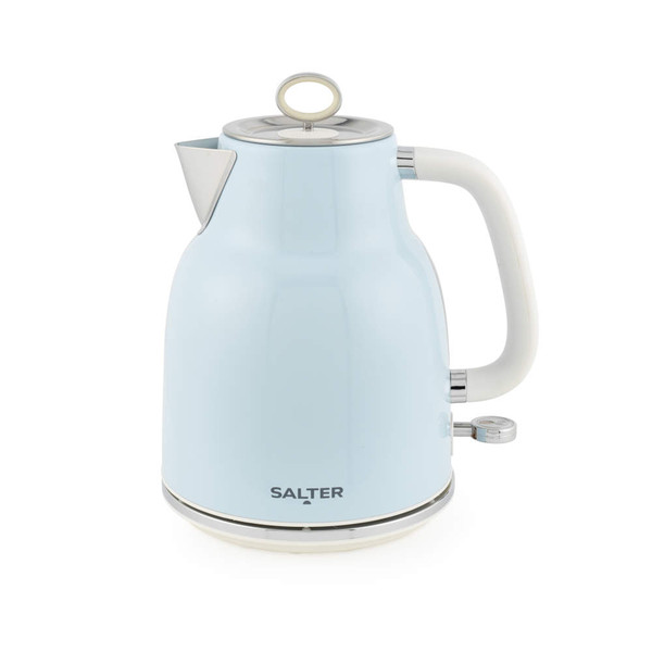 Blue electric kettle with cream handle, Salter branding, shown from side.