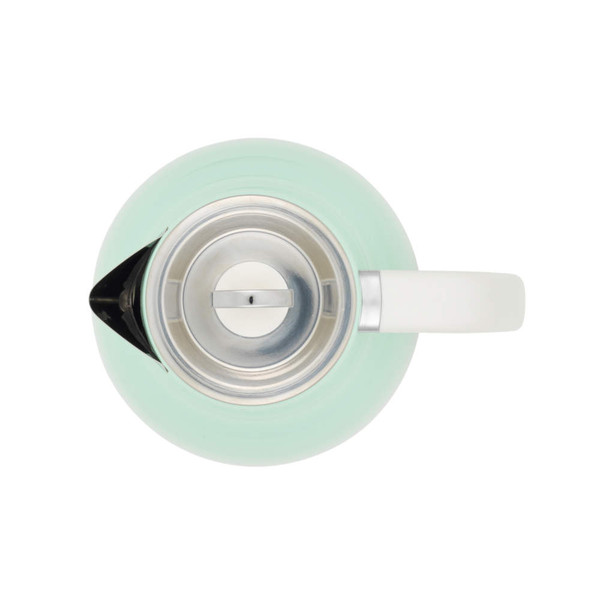 Overhead view of pale green electric kettle with white handle and closed lid