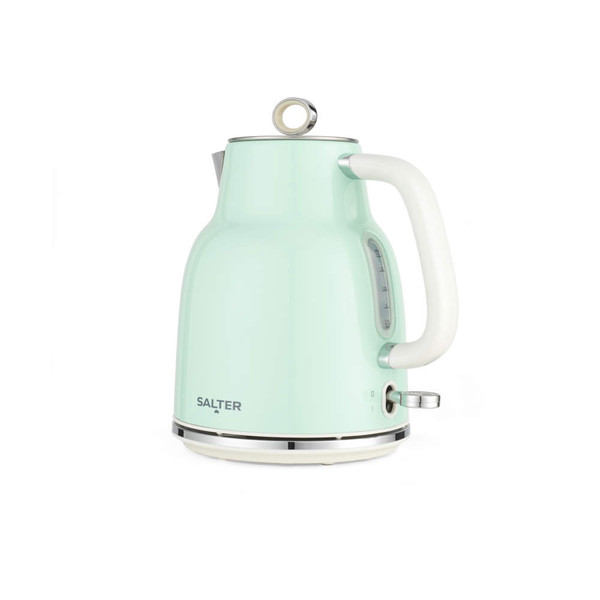 Green Salter electric kettle with white handle shown side on