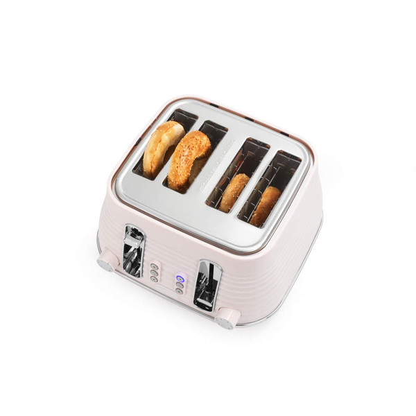 Four-slice pink toaster with bagels toasting, ridged design and chrome accents