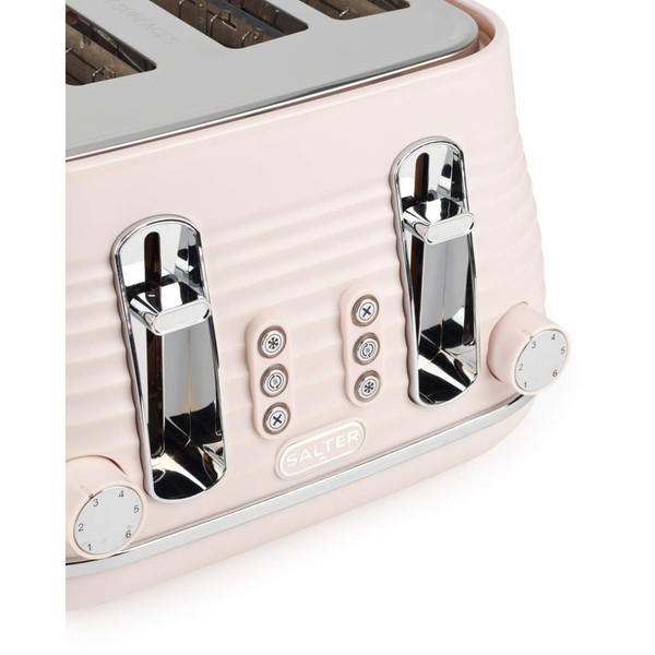 Salter 4-slice toaster in pale pink with chrome controls, close-up of browning dials