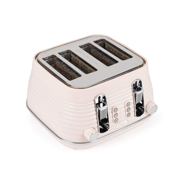Four-slice pink toaster with chrome controls, ridged design, front angle view