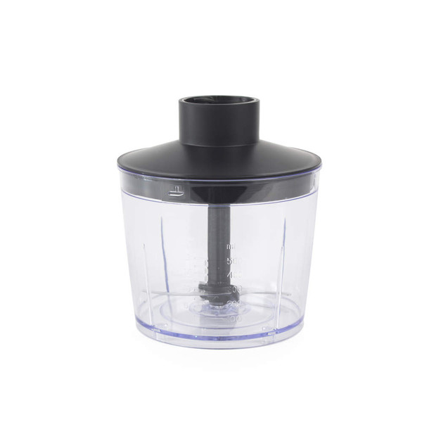 Food chopper attachment with clear bowl and black lid, shown on white background