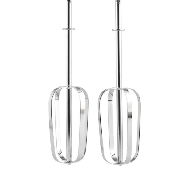 Pair of stainless steel hand mixer beaters shown upright on white background