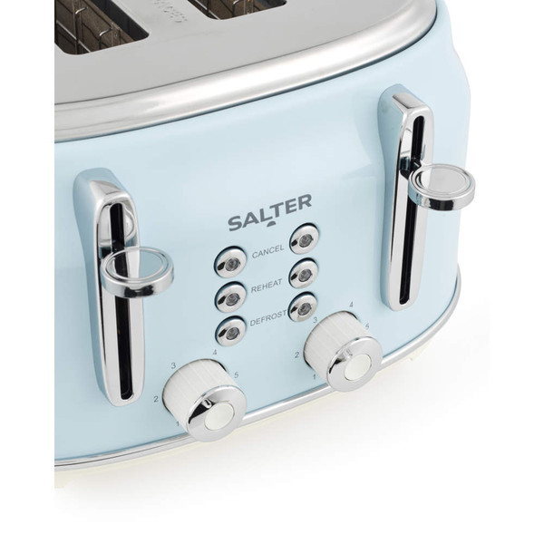 Four-slice blue toaster with chrome controls and Salter branding, shown from front angle