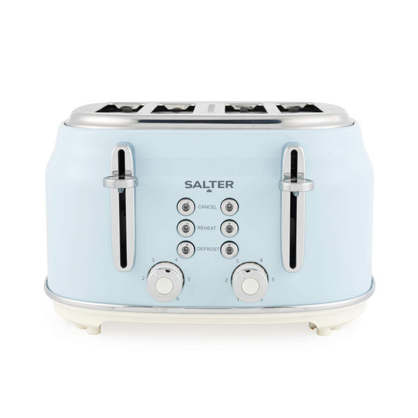Salter four-slice toaster in pale blue with cancel, reheat, and defrost buttons