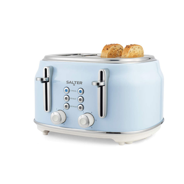 Blue four-slice toaster with chrome controls, toasting seeded bread, front view