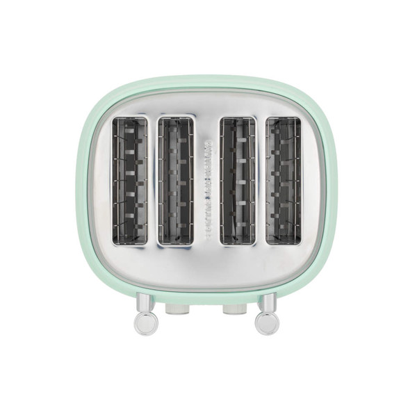 Mint green 4-slot toaster viewed from above, showing slots and controls