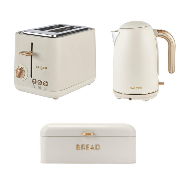 Cream kitchen set: 2-slice toaster, jug kettle and bread bin with gold accents