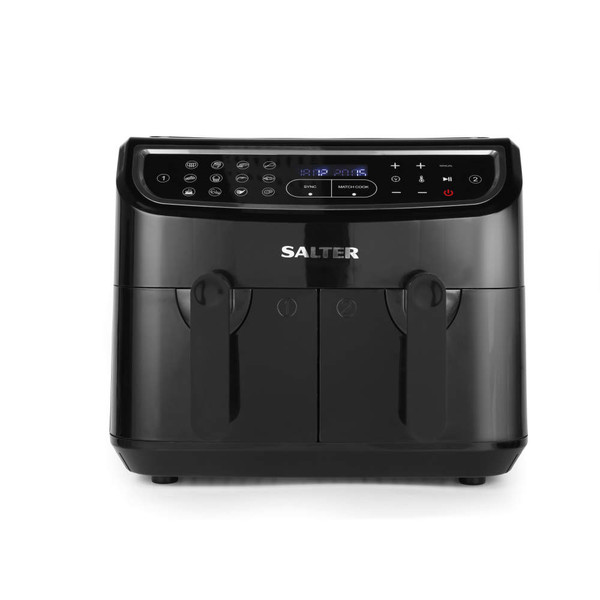 Black Salter dual air fryer with digital touch controls, two baskets, viewed from the front
