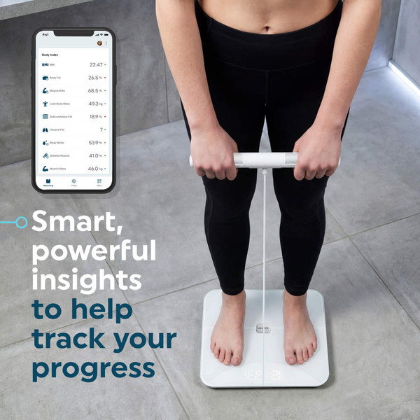 White smart body scale with connected app, showing fitness insights for progress tracking