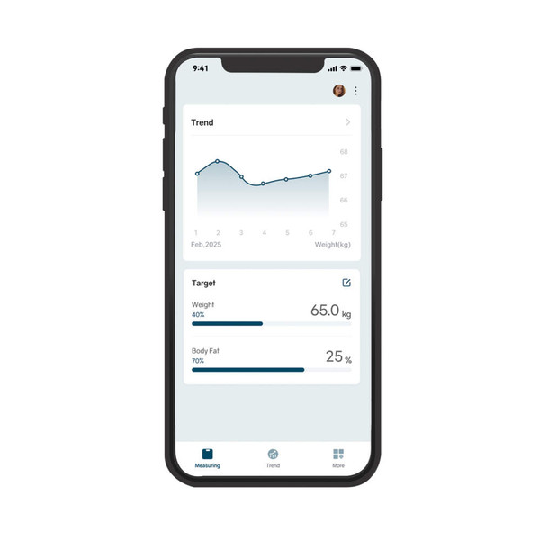 Mobile app screen showing weight and body fat trend graph with target values.