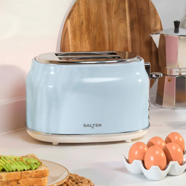 Blue 2-slice toaster on kitchen counter, Salter branding visible.