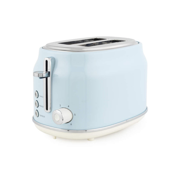 Light blue 2-slice toaster with chrome controls, side view