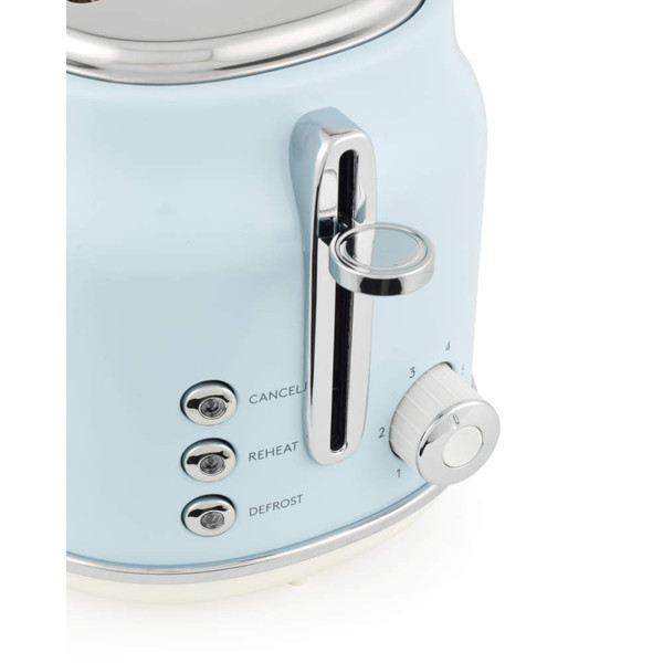 Close-up of light blue toaster with chrome reheat, defrost, cancel buttons and dial