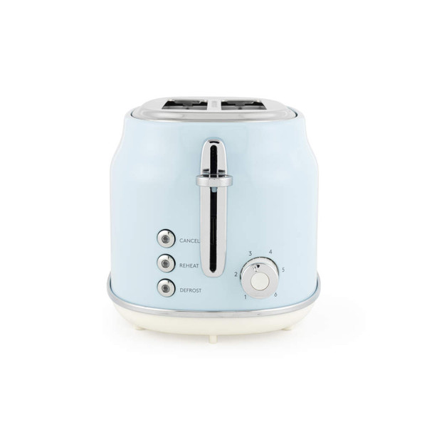 Blue 2-slice toaster with cancel, reheat, and defrost buttons, front view
