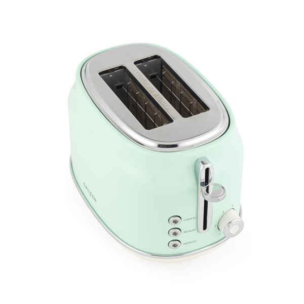 Mint green 2-slice toaster with chrome controls and browning dial