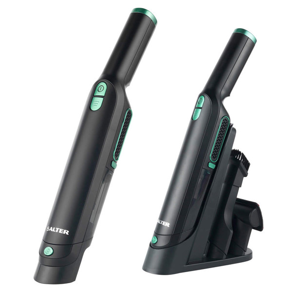Cordless handheld vacuum cleaner in black and green with charging base and accessories