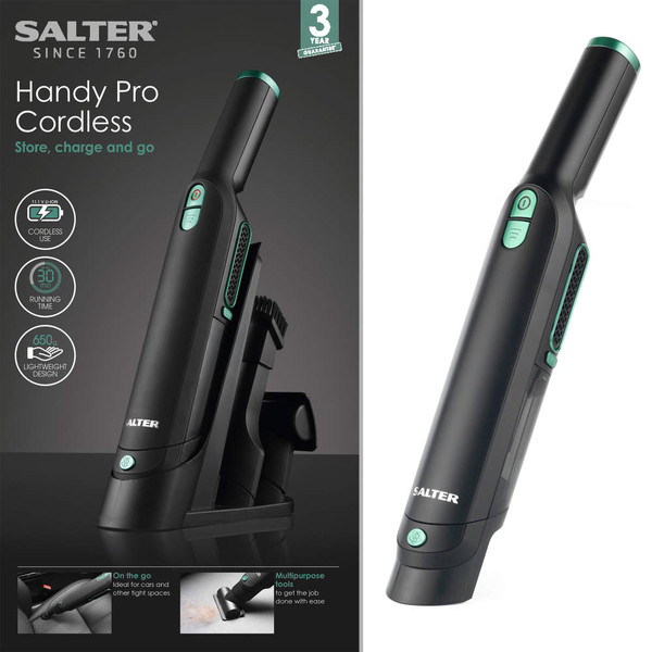 Cordless handheld vacuum cleaner with charging base, black with green accents
