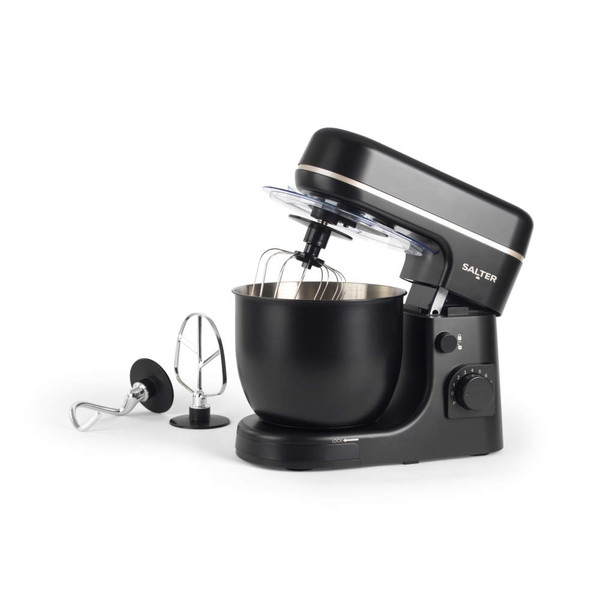 Black stand mixer with stainless steel bowl, shown with whisk, dough hook and beater attachments