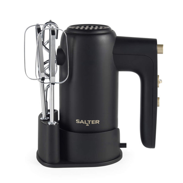Black and gold electric hand mixer with stand and chrome beaters