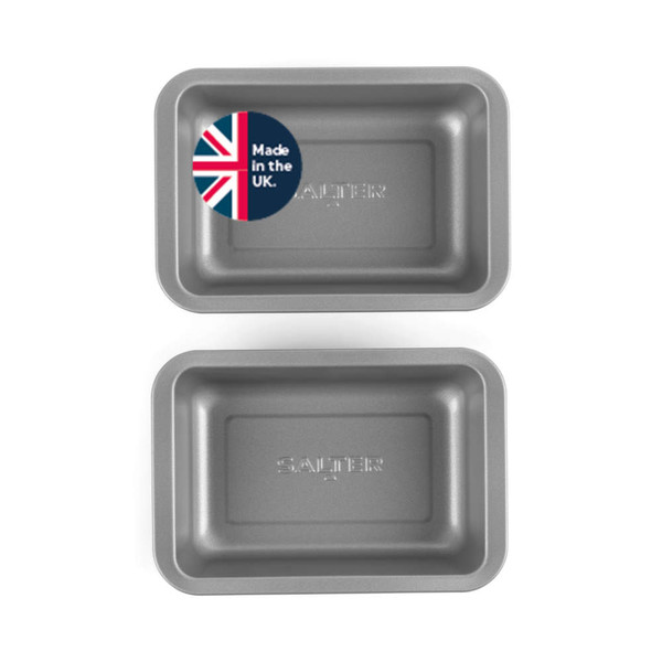 Set of two grey non-stick loaf tins, UK made, seen from above.