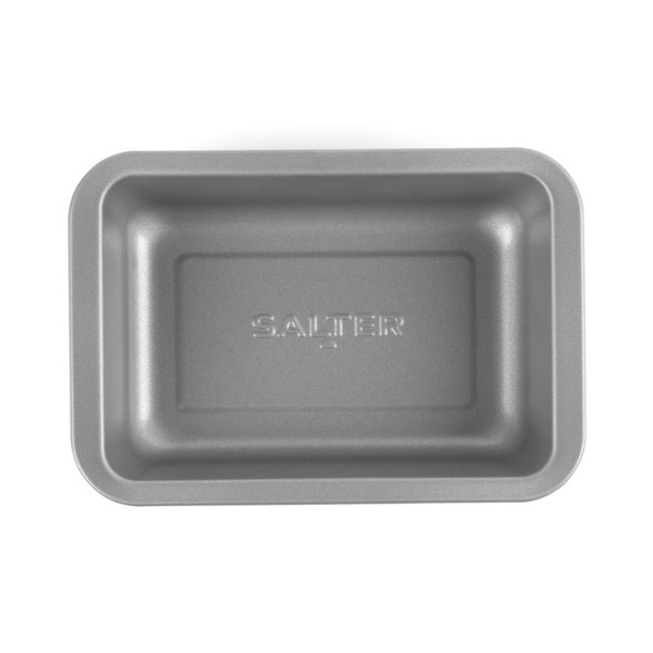 Grey non-stick loaf tin, rectangular, viewed from above