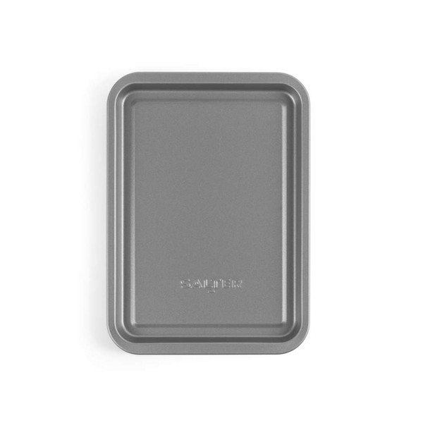 Grey non-stick rectangular baking tray, top view