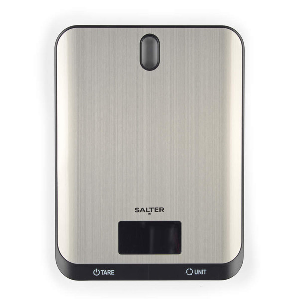Silver digital kitchen scale with Salter logo, flat design, top-down view.