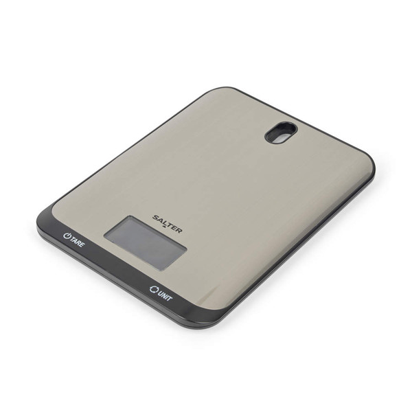 Digital kitchen scale, brushed silver, flat with Salter logo, shows tare and unit buttons